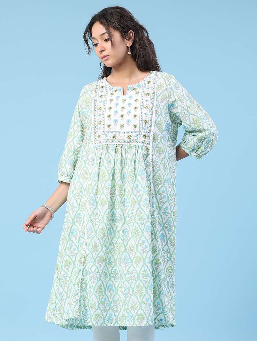 women printed three quarter sleeves a-line kurta - 22218204 -  Standard Image - 2
