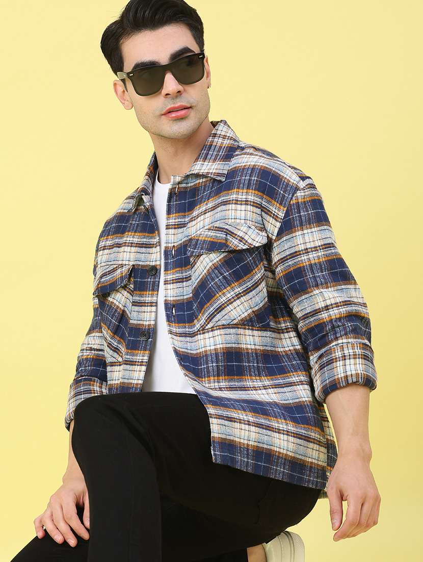men checkered long sleeve regular fit shacket