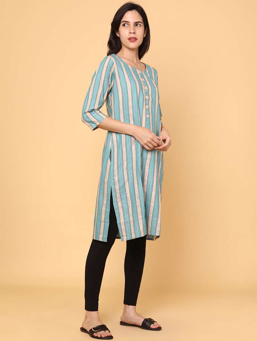 women striped three quarter sleeve straight kurta - 22218294 -  Standard Image - 2