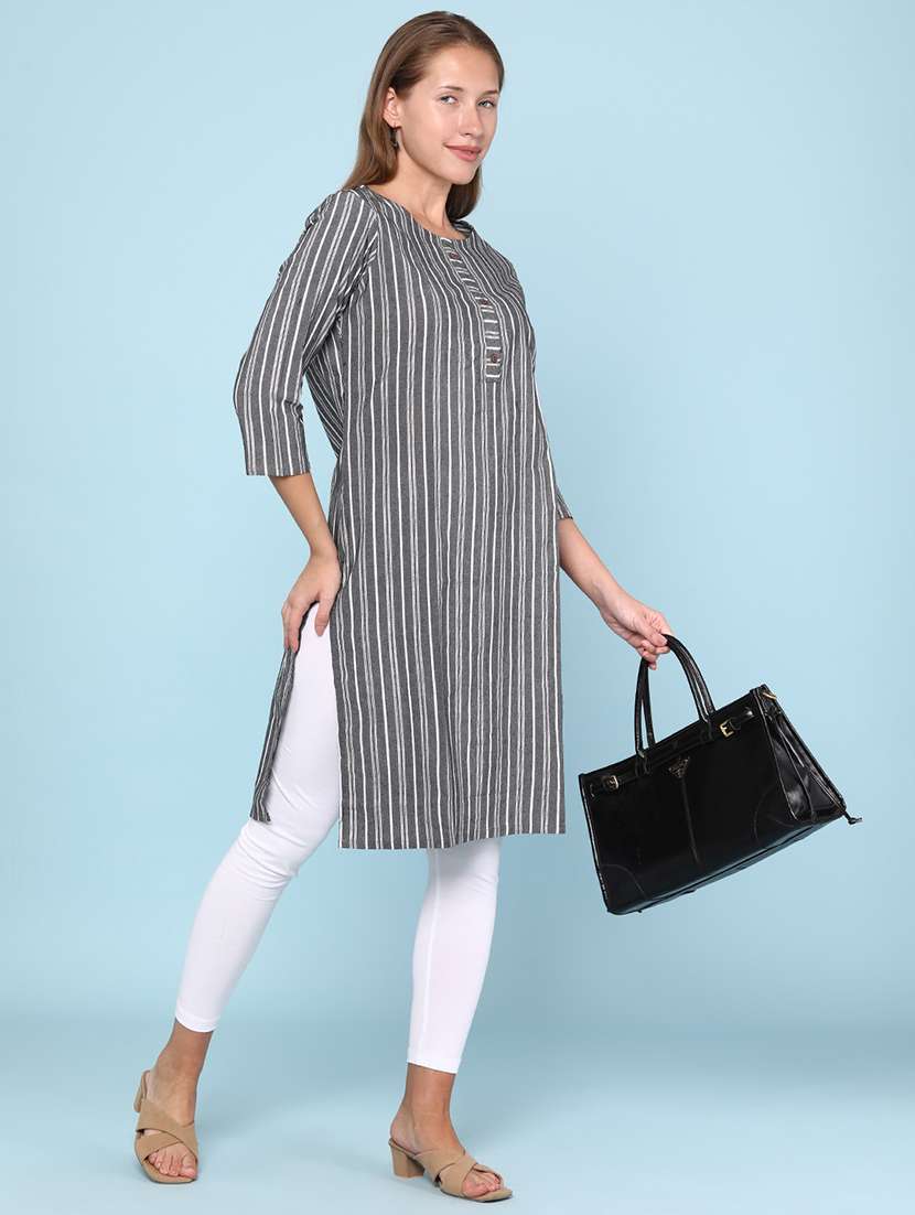 women striped three quarter sleeve straight kurta