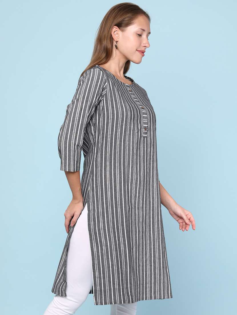 women striped three quarter sleeve straight kurta - 22218326 -  Standard Image - 2