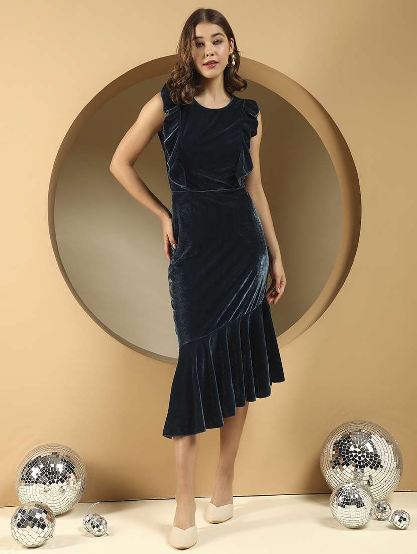 women solid sleeveless asymmteric tiered dress