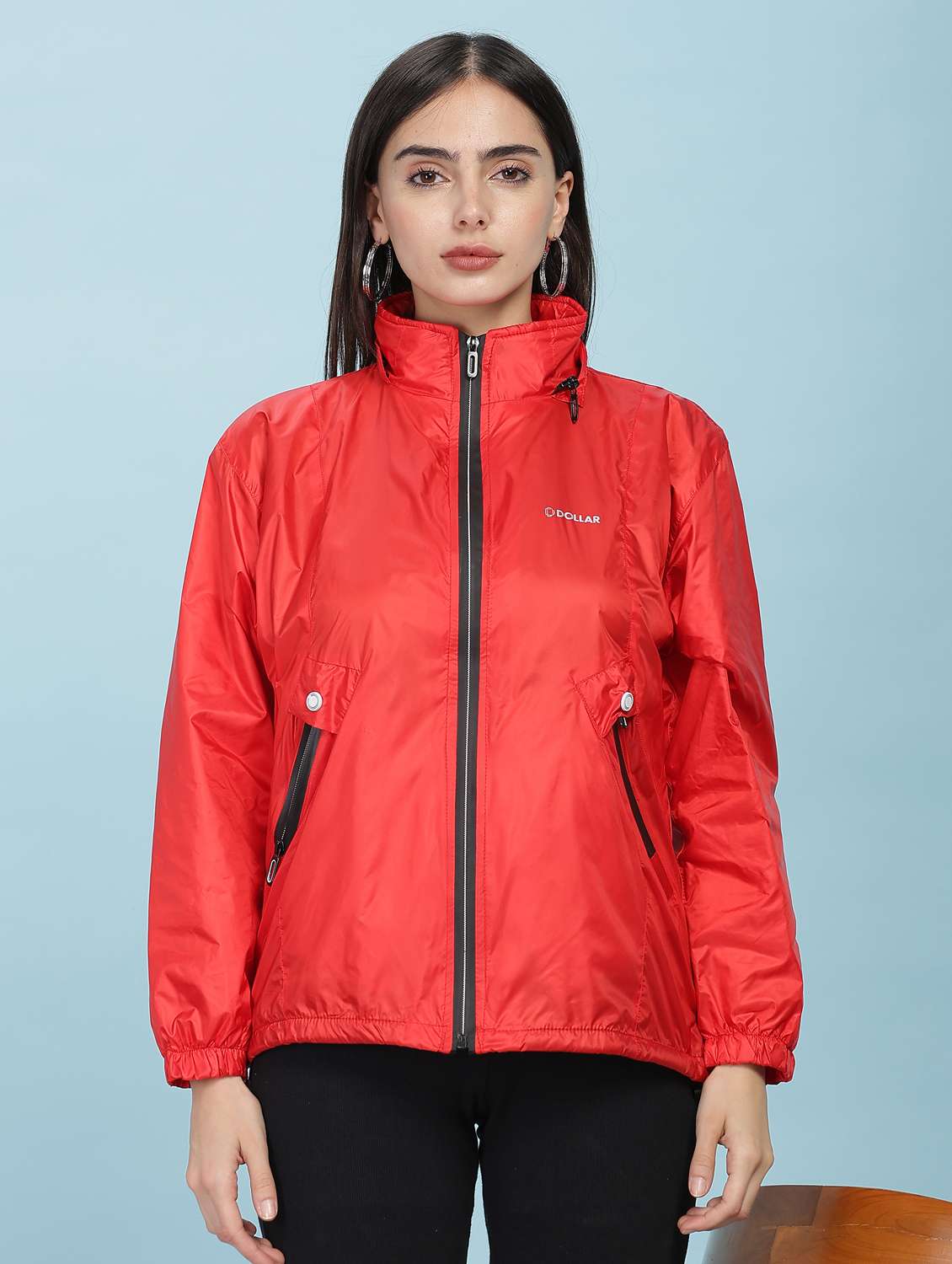 women solid long sleeve hooded windcheater jacket