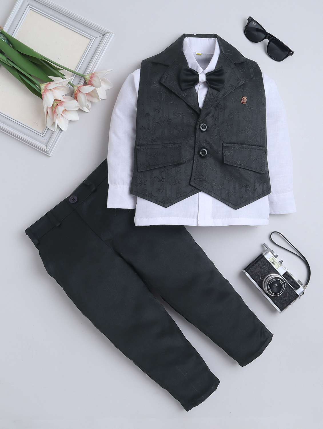 boys solid shirt and trouser with wasitcoat set