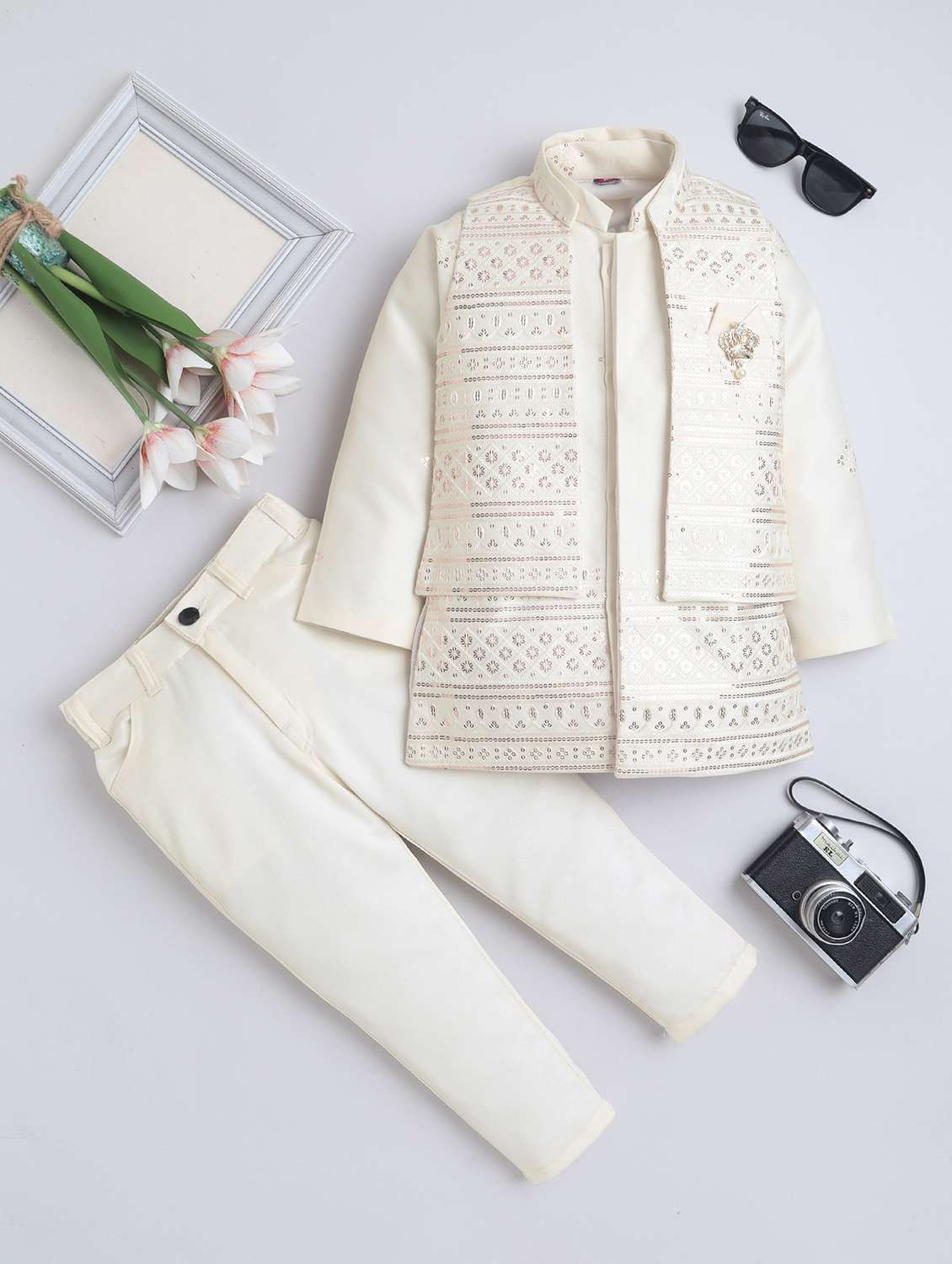 boys embroidered long sleeve sherwani set