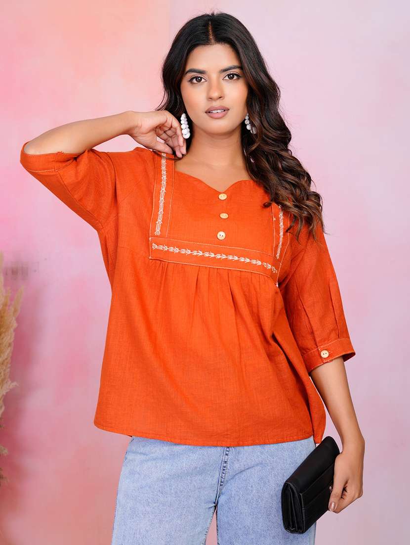 women solid three quarter sleeve a-line tunic