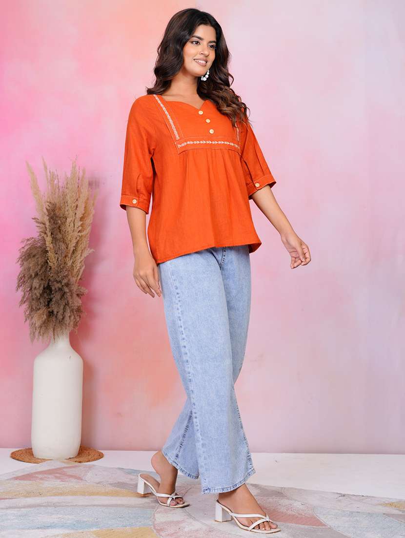 women solid three quarter sleeve a-line tunic - 22218593 -  Standard Image - 2