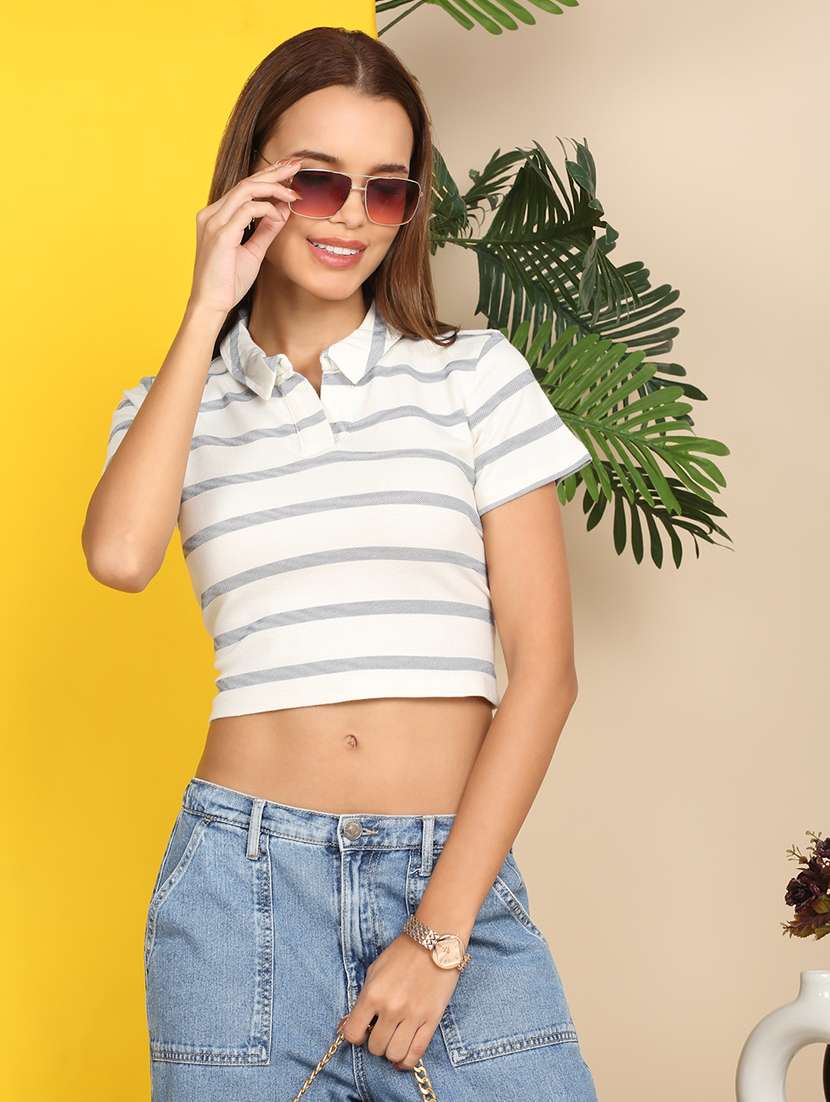 women printed short sleeve polo crop t-shirt