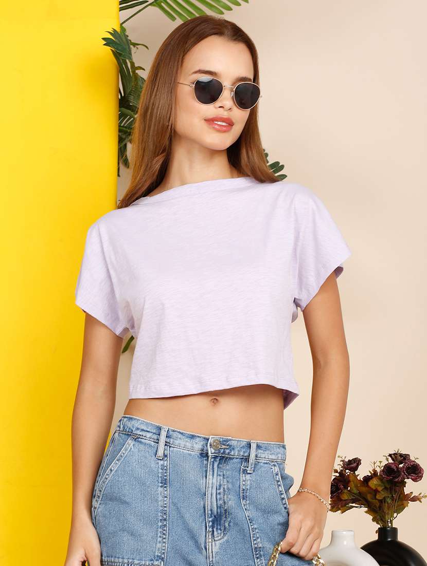 women solid short sleeve crop t-shirt