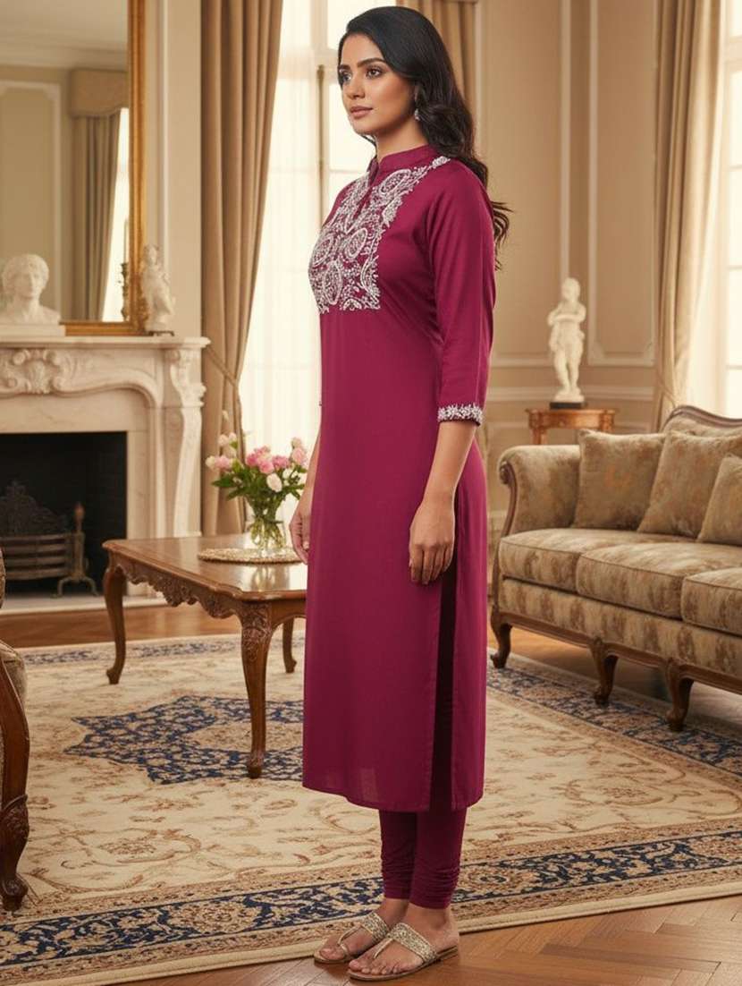 women solid with work three quarter sleeve straight kurta - 22219095 -  Standard Image - 2