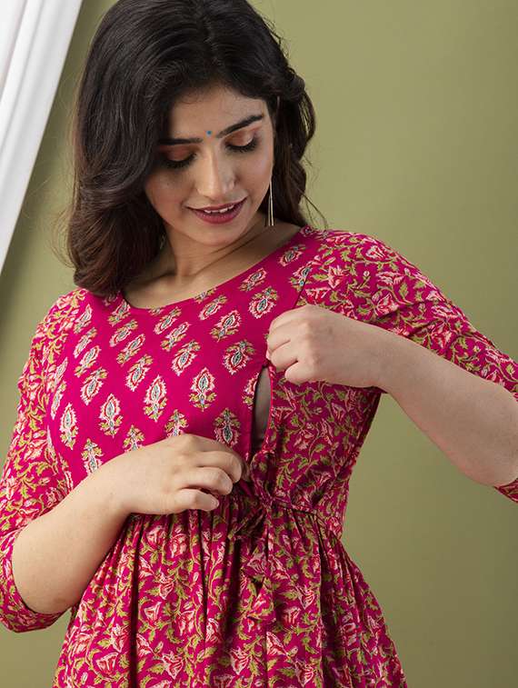 women printed three quarter sleeve maternity wear dress - 22219098 -  Standard Image - 2