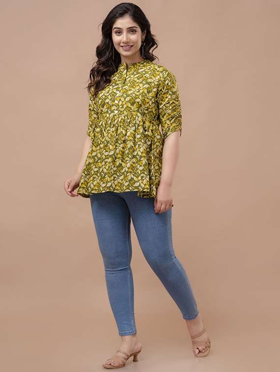 women printed three quarter sleeve a-line ethnic top - 22219129 -  Standard Image - 2