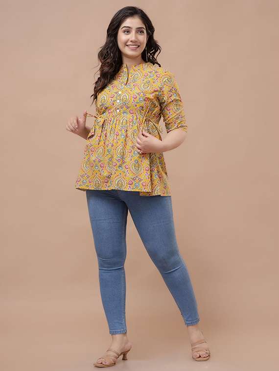 women printed three quarter sleeve a-line ethnic top - 22219130 -  Standard Image - 2