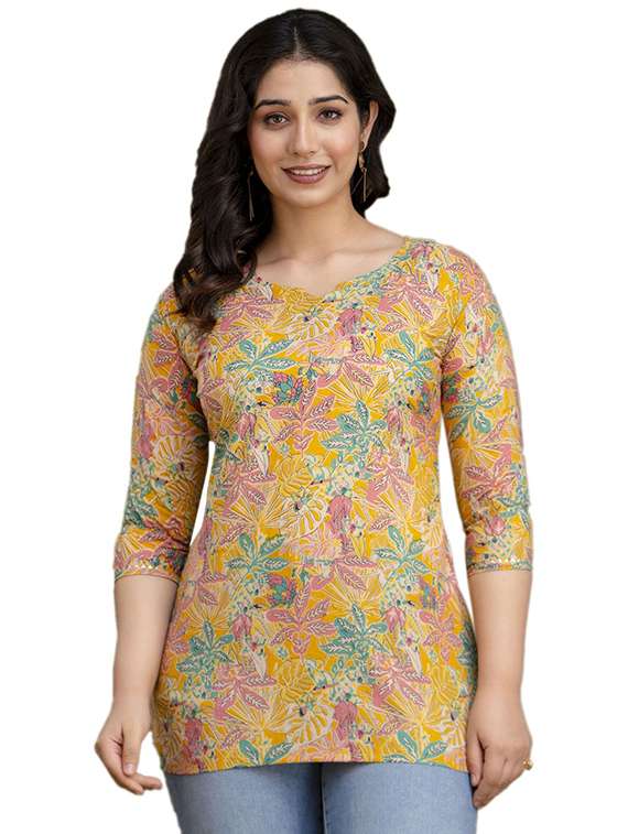 women printed three quarter sleeve straight kurti