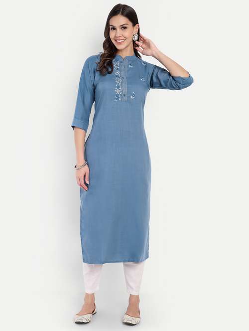 women solid with work three quarter sleeve straight kurta - 22219193 -  Standard Image - 0