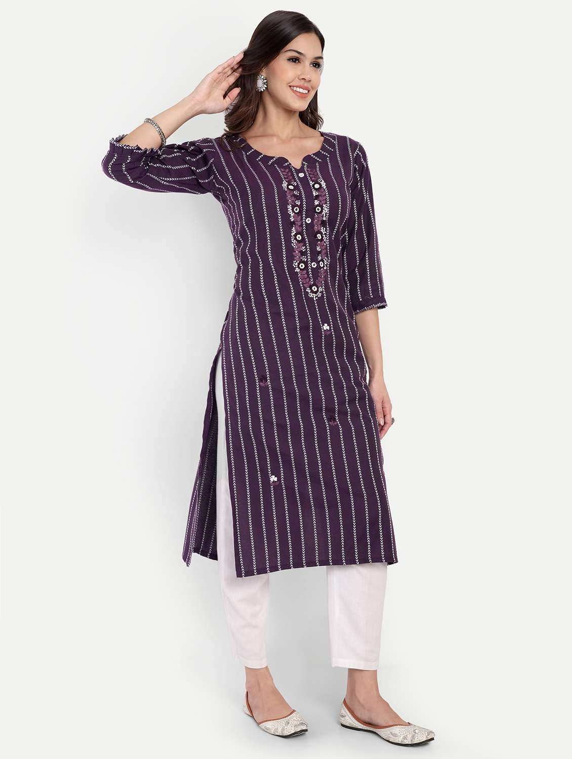 women striped three quarter sleeve straight kurta - 22219194 -  Standard Image - 2