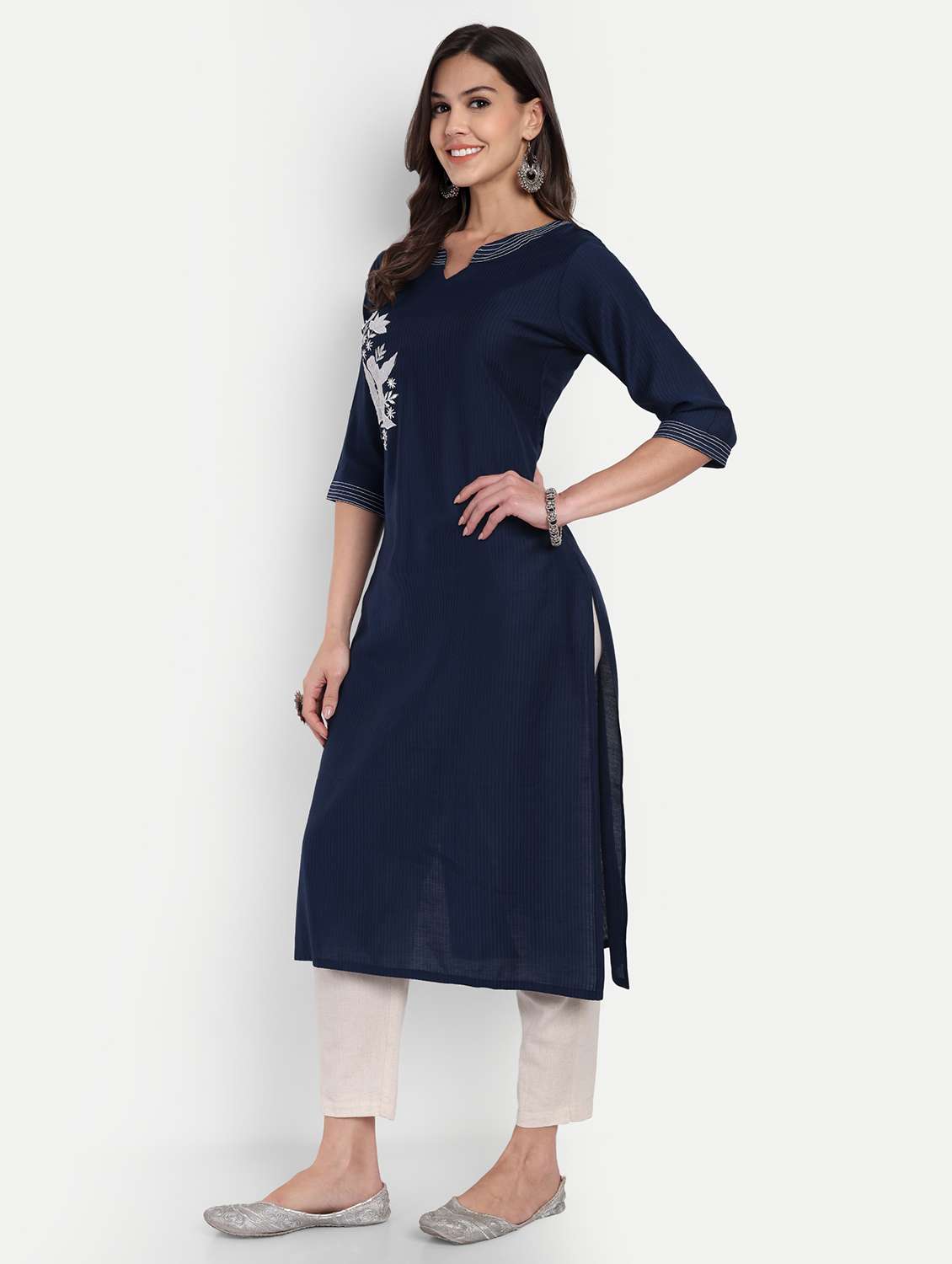 women solid with work three quarter sleeve straight kurta - 22219196 -  Standard Image - 2