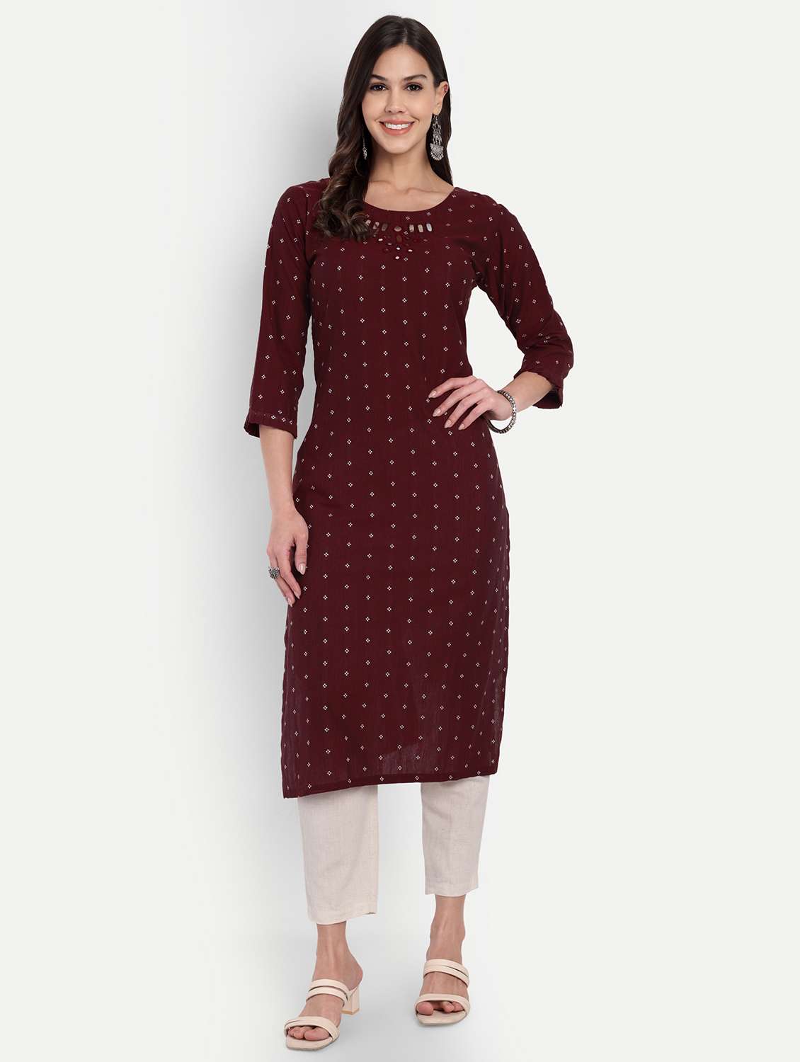 women self design three quarter sleeve straight kurta