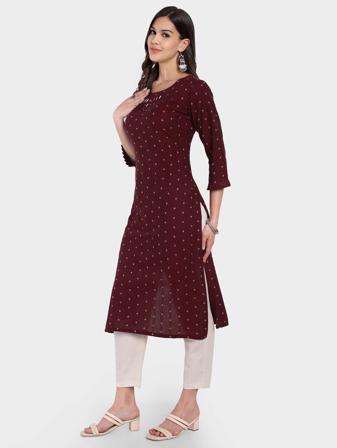 women self design three quarter sleeve straight kurta - 22219198 -  Standard Image - 2