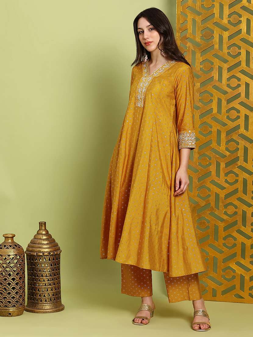 globus women mustard zari embroidered v-neck gold foil print panelled anarkali kurta & wide leg pants festive set