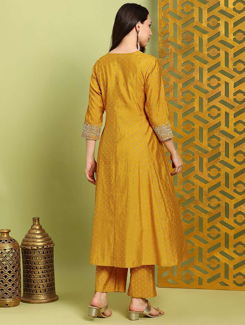 globus women mustard zari embroidered v-neck gold foil print panelled anarkali kurta & wide leg pants festive set - 22219210 -  Standard Image - 2