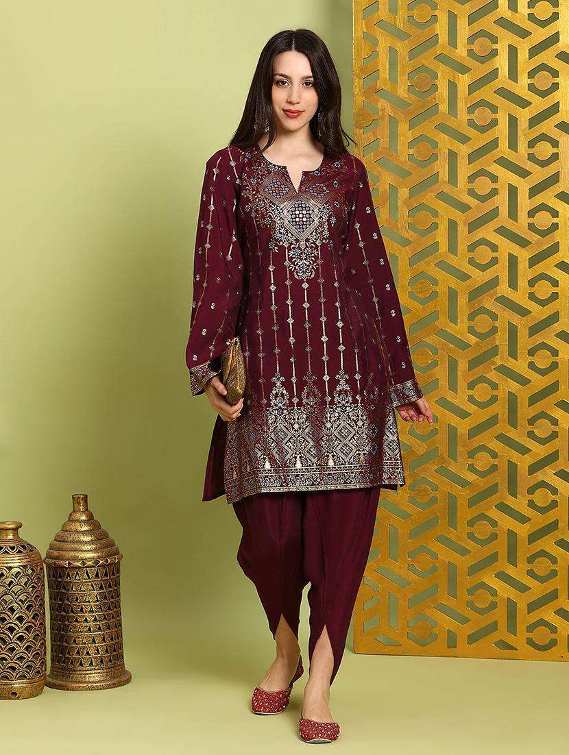 globus women maroon round neck bell sleeves gold foil ethnic print straight kurta with dhoti pants festive set