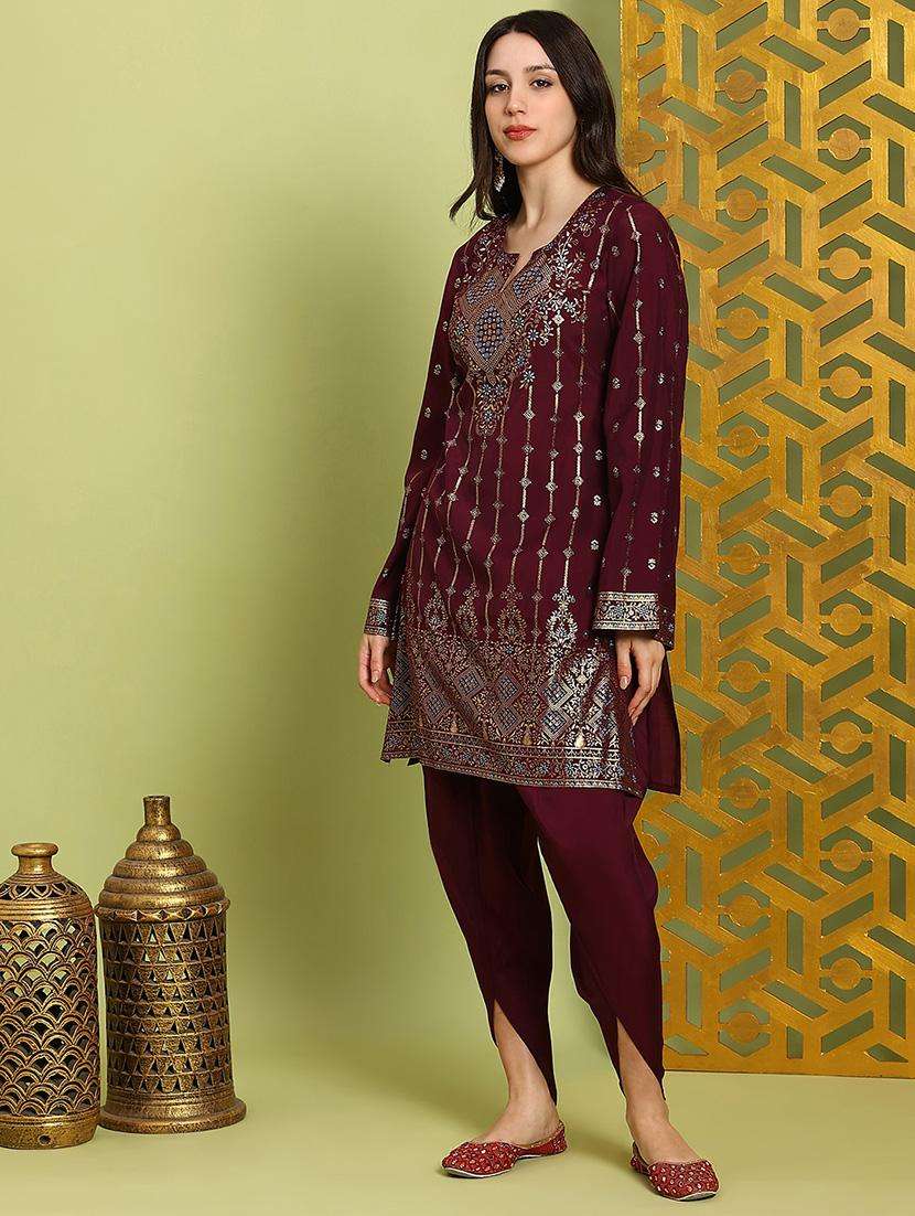 globus women maroon round neck bell sleeves gold foil ethnic print straight kurta with dhoti pants festive set - 22219215 -  Standard Image - 2