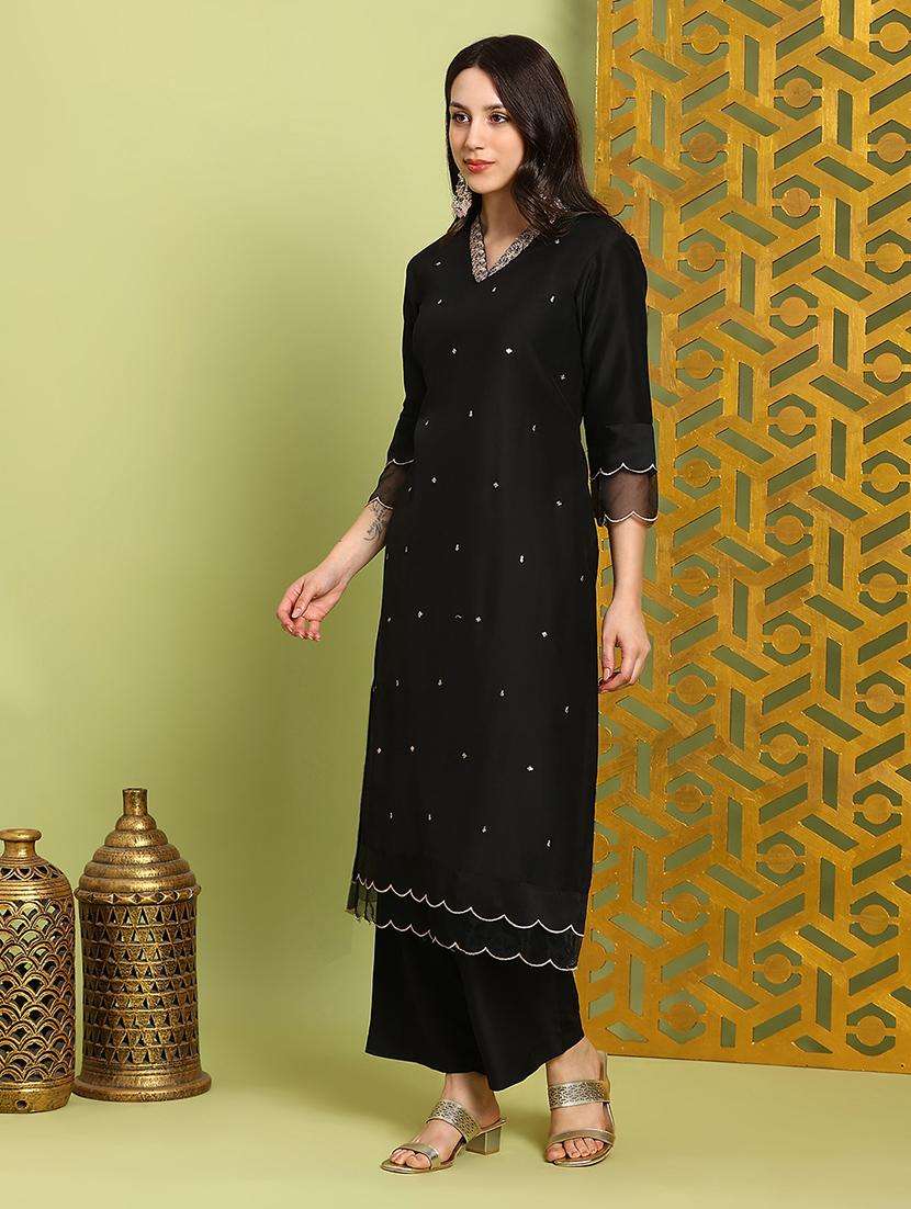 globus women black sequin embroidered v-neck scalloped hem straight kurta with wide leg pants festive set - 22219216 -  Standard Image - 2