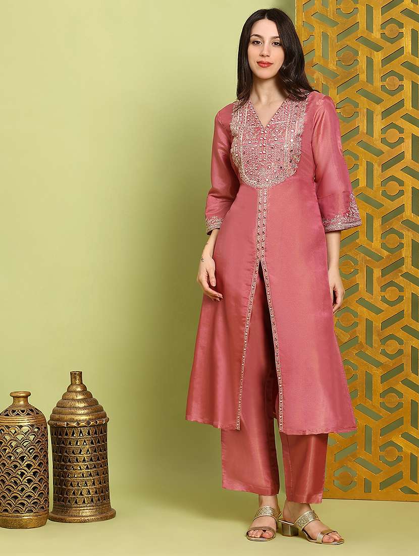 globus women pink mirror work embroidered v-neck bell sleeves front slit a-line kurta with wide leg pants festive set