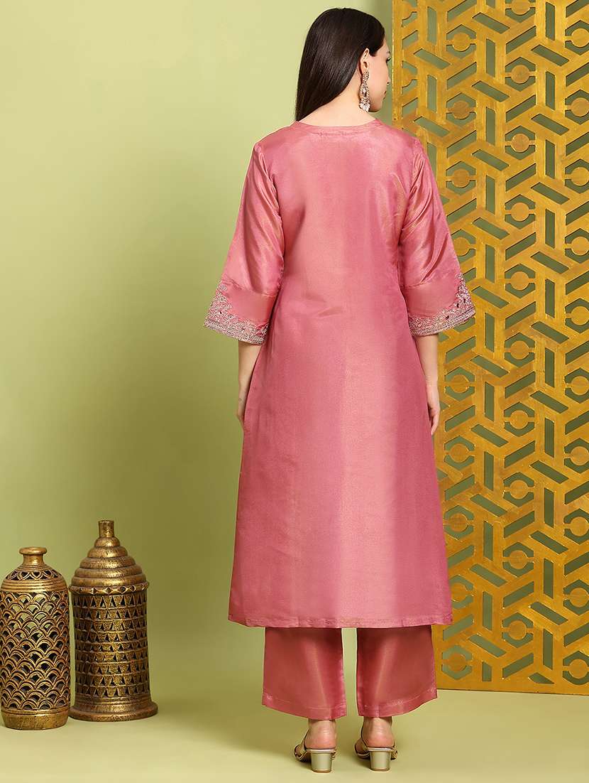 globus women pink mirror work embroidered v-neck bell sleeves front slit a-line kurta with wide leg pants festive set - 22219217 -  Standard Image - 2