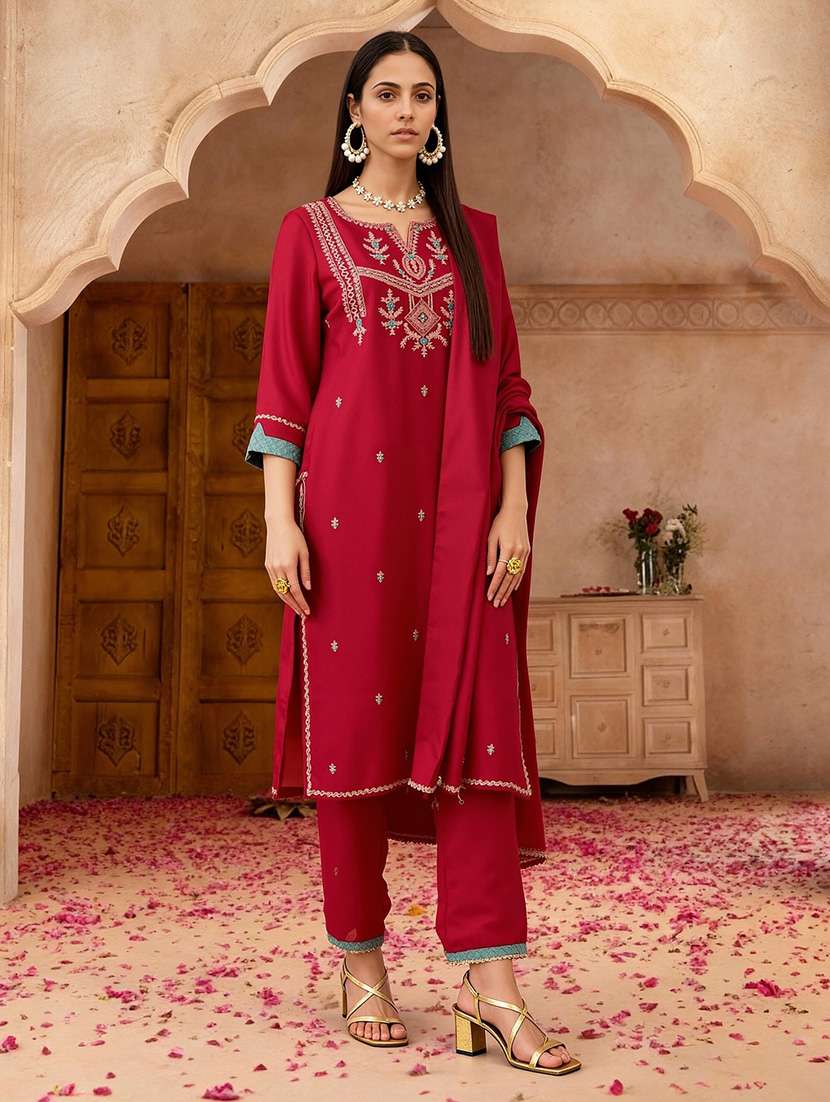 globus women pink zari embroidered yoke straight kurta with wide leg pants & taping dupatta festive set