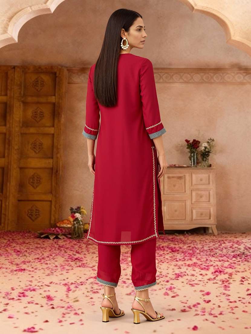 Globus Women Pink Zari Embroidered Yoke Straight Kurta With Wide Leg Pants & Taping Dupatta Festive Set - 22219218 -  Standard Image - 2