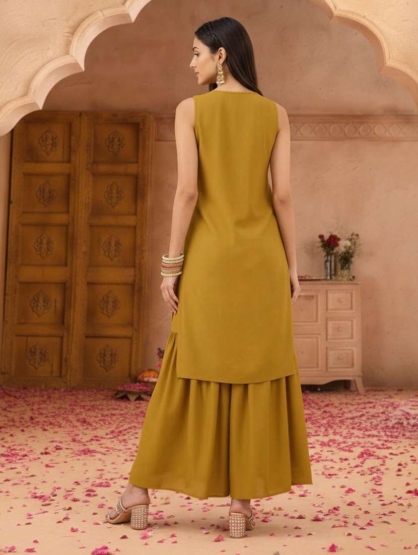 globus women mustard floral zari embroidered round neck straight kurta with sharara & taping dupatta festive set - 22219219 -  Standard Image - 2