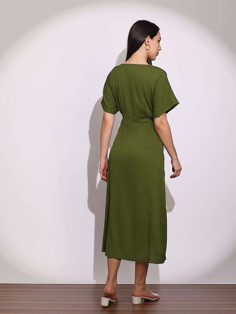 globus women green v-neck extended sleeves midi a-line dress - 22219224 -  Standard Image - 2