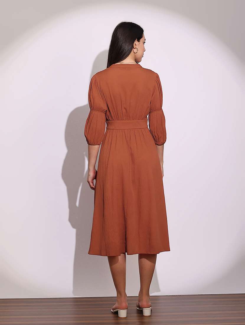 globus women rust v-neck puff sleeves gathered details fit & flare midi dress - 22219225 -  Standard Image - 2