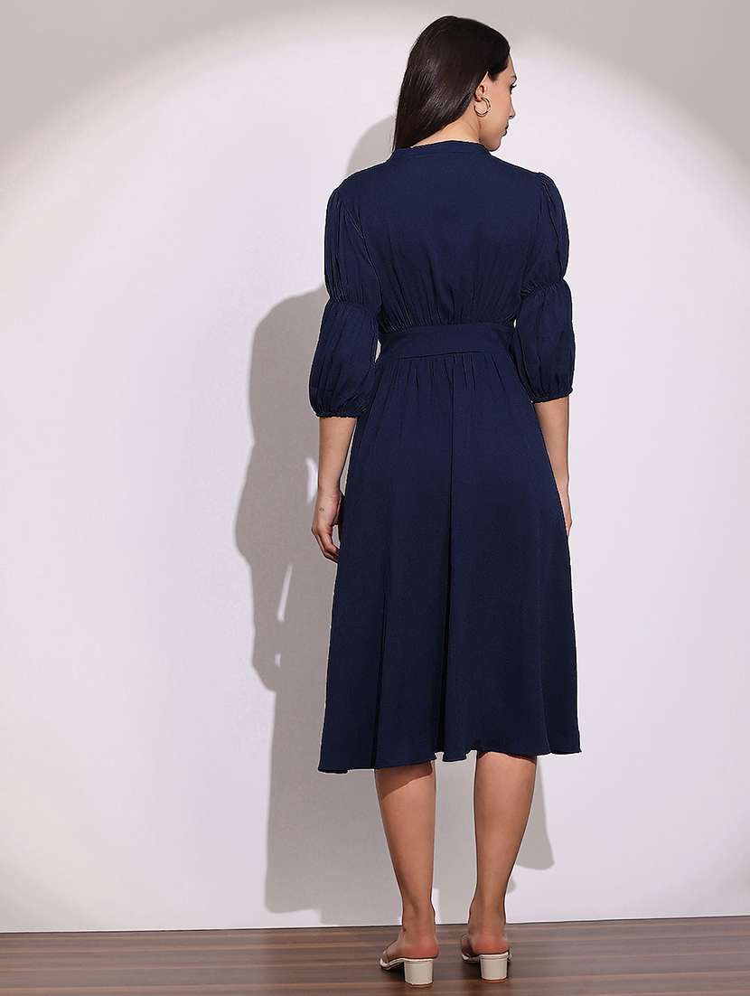 globus women blue v-neck puff sleeves gathered details fit & flare midi dress - 22219226 -  Standard Image - 2