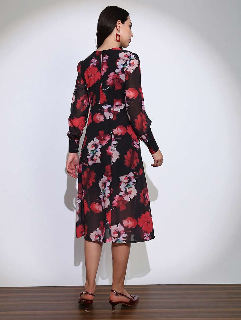 globus women black floral print round neck cuffed sleeve side slits fit & flared midi dress  - 22219229 -  Standard Image - 2