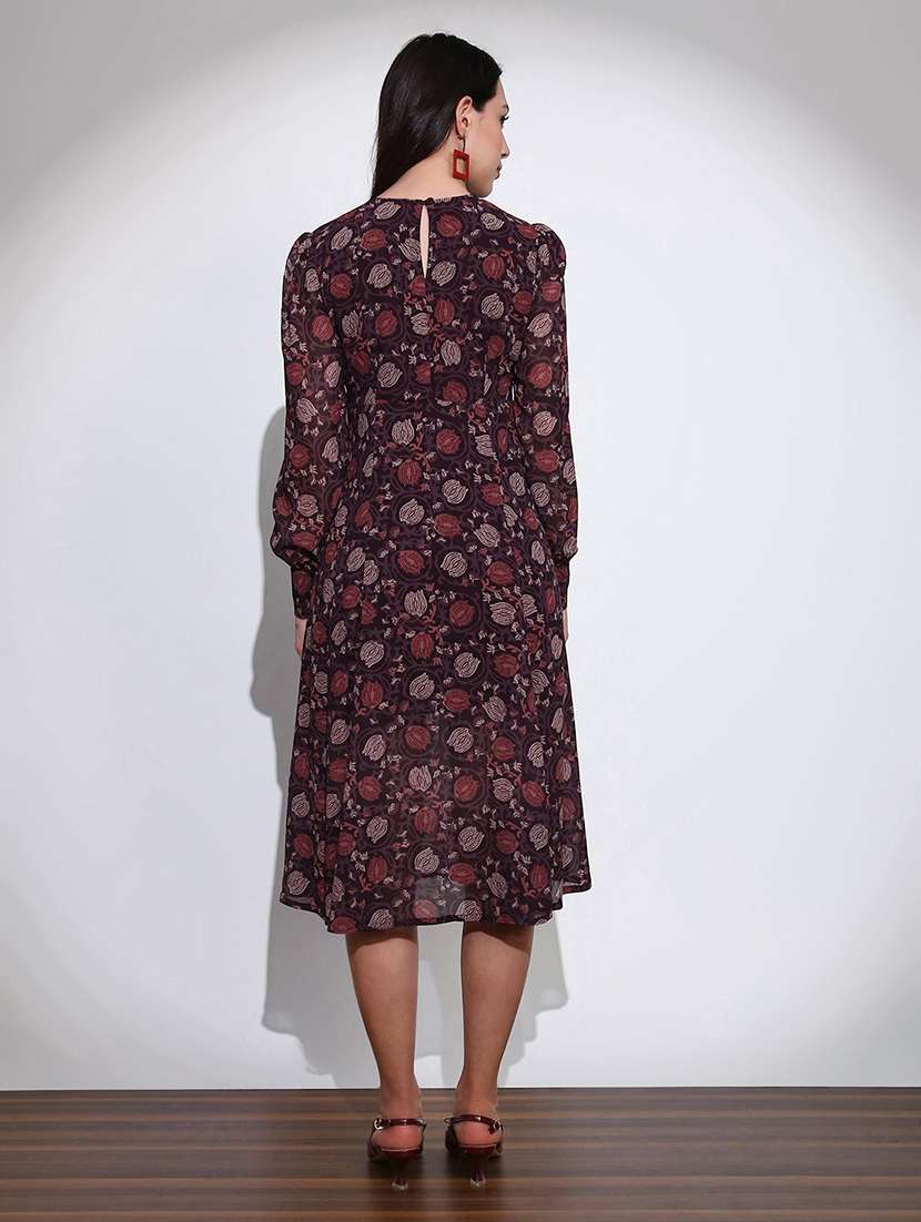 globus women brown floral print round neck cuffed sleeve side slits fit & flared midi dress  - 22219230 -  Standard Image - 2