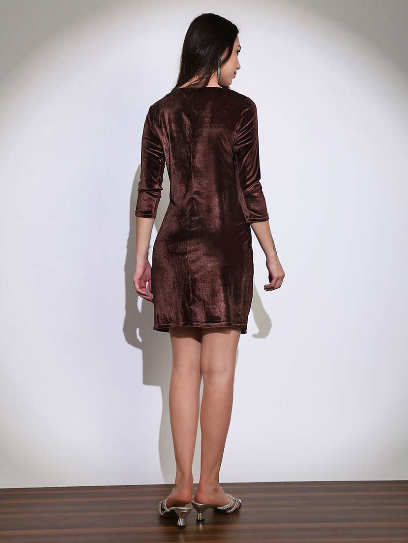 globus women brown boat neck twisted detail velvet sheath mini party dress - 22219232 -  Standard Image - 2