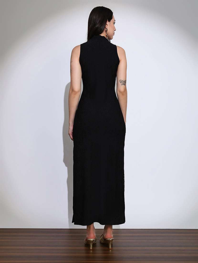 globus women black self design round neck embellished detail side slits bodycon maxi party dress - 22219234 -  Standard Image - 2