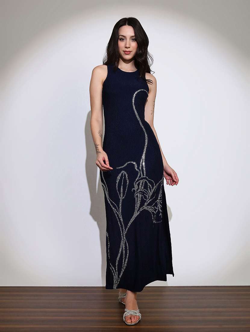 globus women navy blue self design round neck embellished detail side slits bodycon maxi party dress