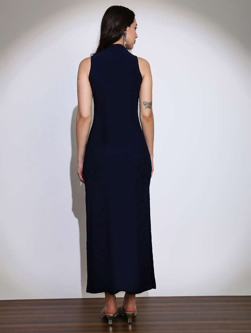 globus women navy blue self design round neck embellished detail side slits bodycon maxi party dress - 22219235 -  Standard Image - 2