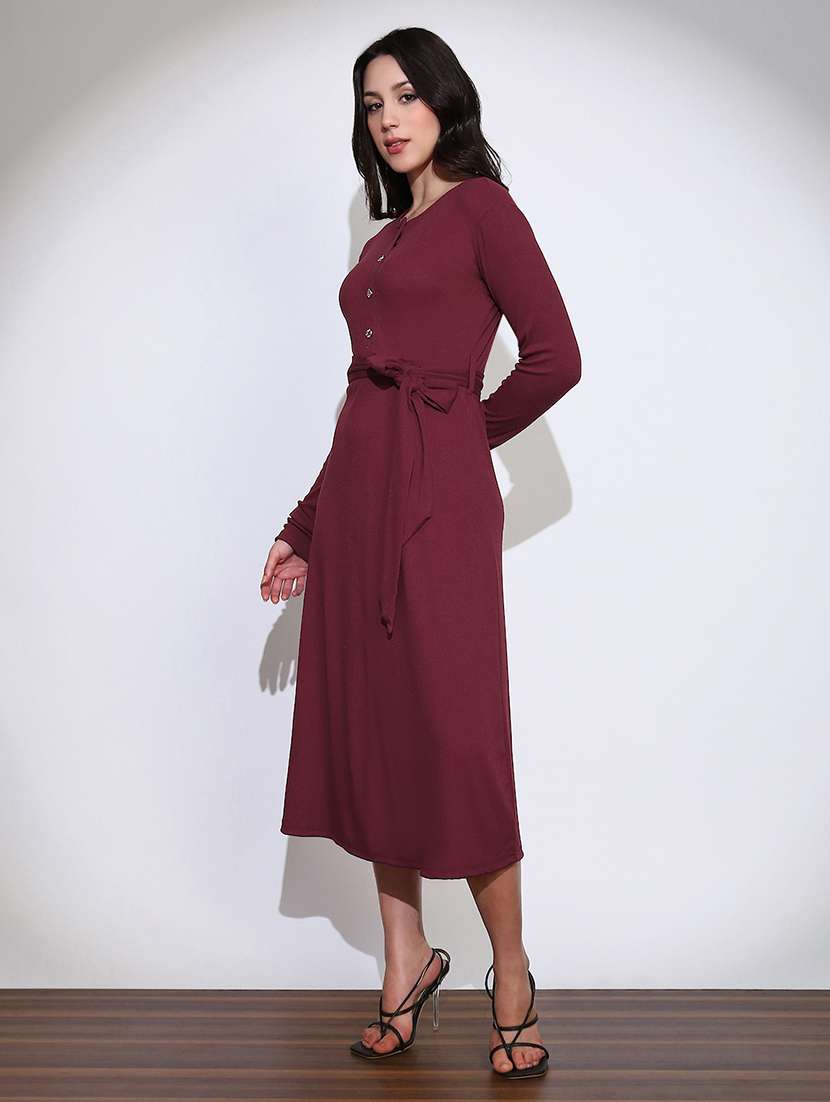 globus women maroon self design round neck long sleeves fit & flared ribbed belted midi dress  - 22219236 -  Standard Image - 2