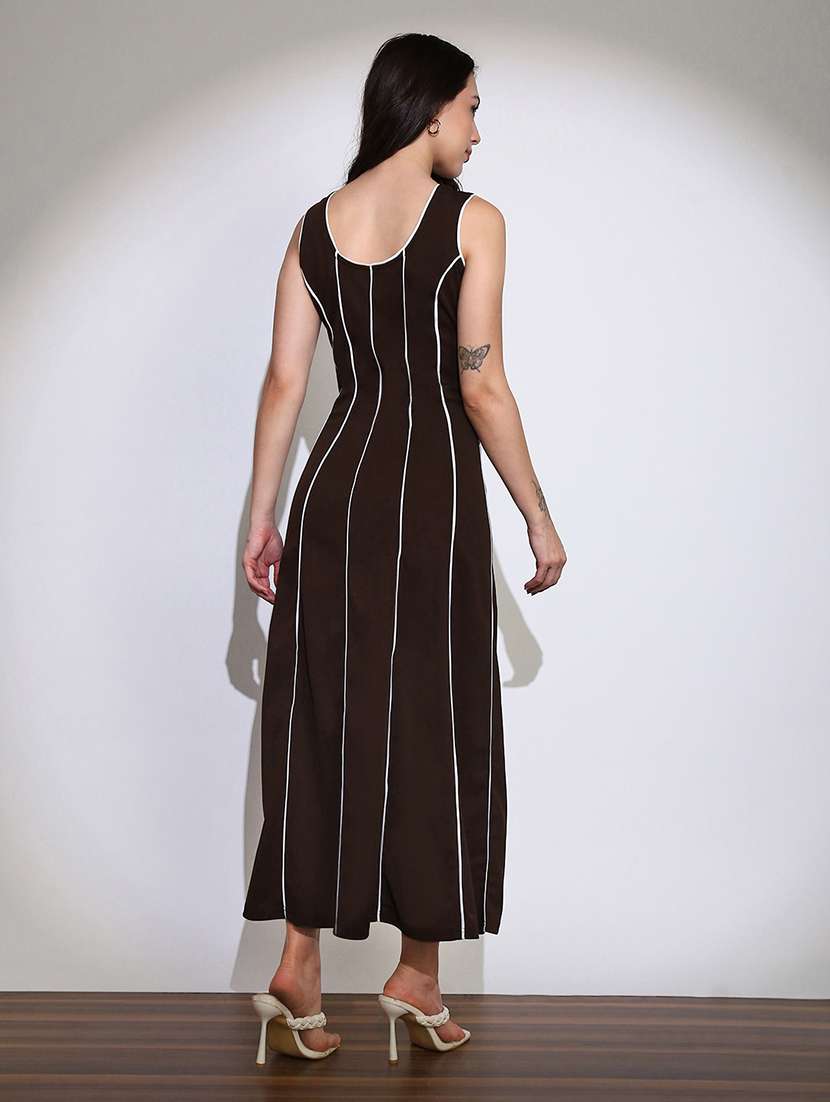 globus women brown scoop neck stripes design flared hem a-line maxi dress - 22219237 -  Standard Image - 2