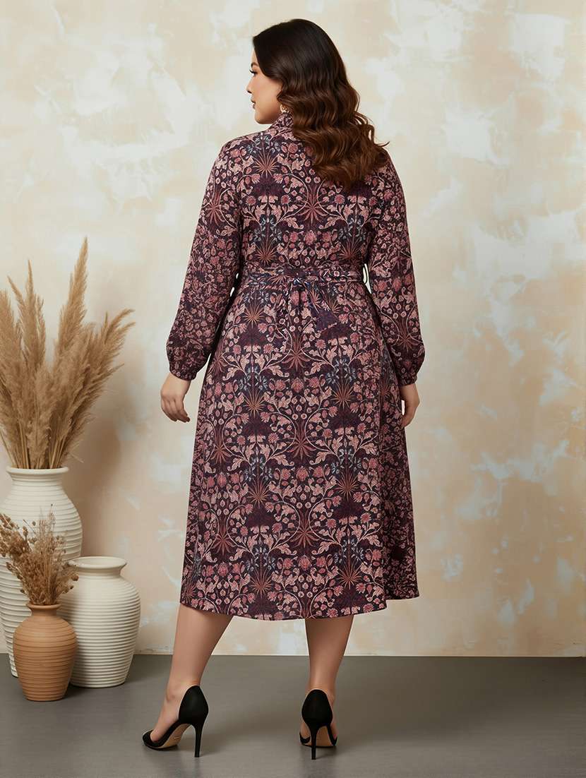 globus gloplus women brown collared neck bishop sleeves floral print pleated midi shirt style plus size dress - 22219240 -  Standard Image - 2