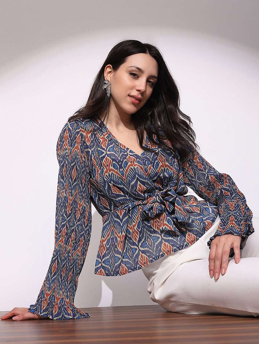 globus women blue georgette ikkat print wrap v-neck flared sleeves waist tie-ups top - 22219242 -  Standard Image - 2