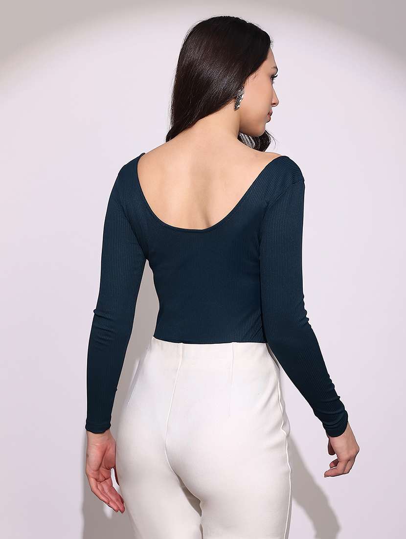 globus women teal scoop neck long sleeves button detail ribbed top - 22219245 -  Standard Image - 2