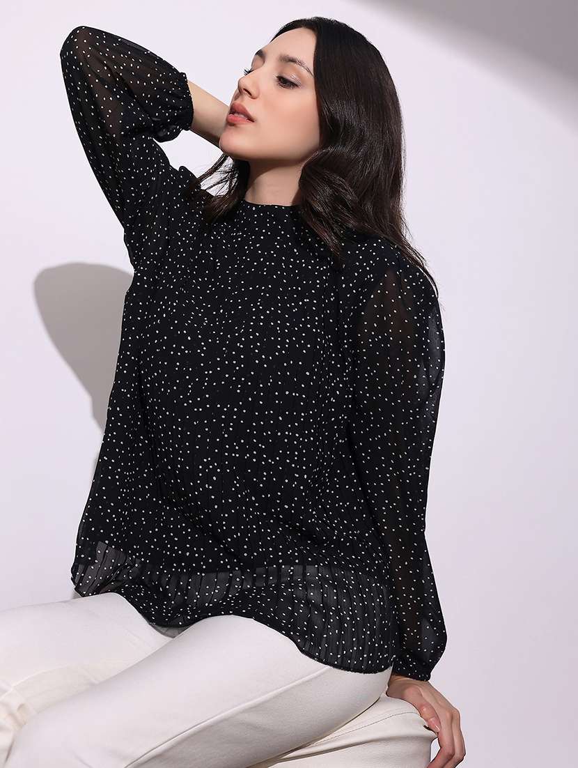 globus women black abstract print high neck bishop sleeves back tie-up detail accordion pleats party top - 22219249 -  Standard Image - 2