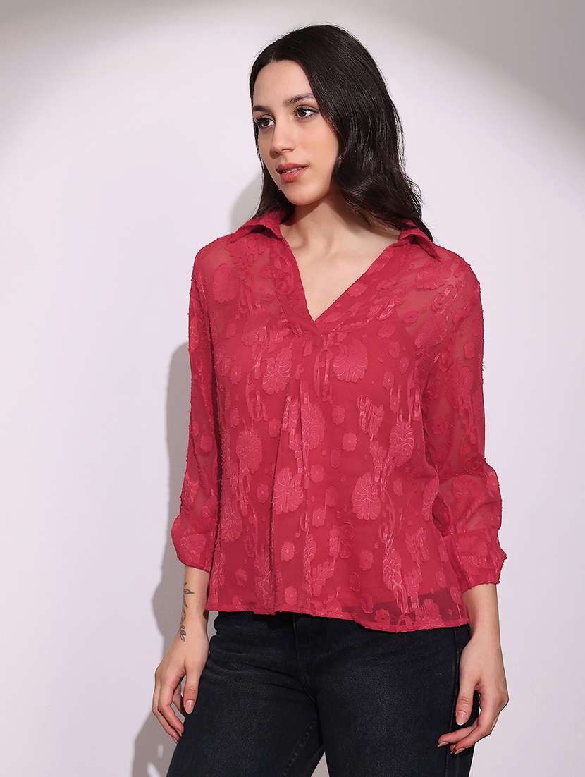 women self deisgned globus women pink collared v-neck long roll-up sleeves floral self design casual topcollared shirt style top - 22219250 -  Standard Image - 2
