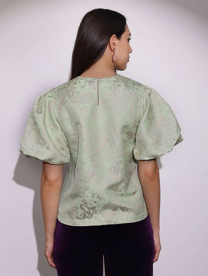 globus women green round neck balloon sleeves floral brocade party top - 22219252 -  Standard Image - 2